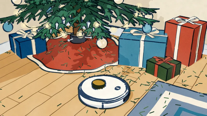 A robot vacuum on a wooden floor under a Christmas tree, a clear path behind it through the fallen needles, wrapped presents on the tree skirt.