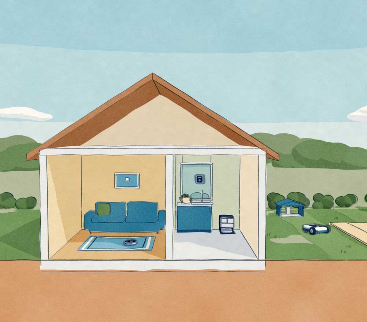 A house and its garden drawn cut open, with a robot in every room and on the lawn.
