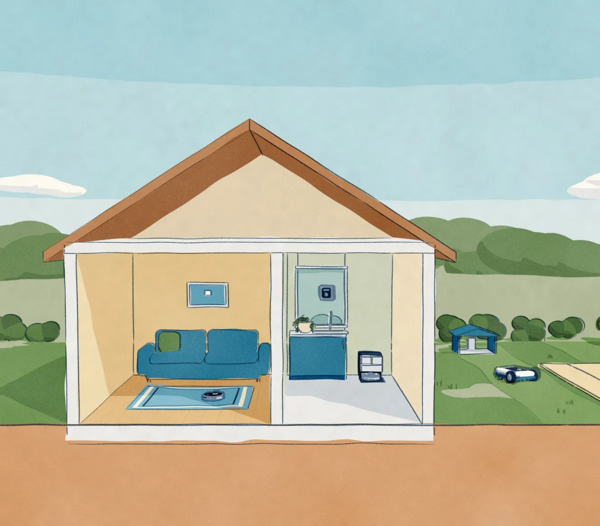A house and its garden drawn cut open like a model: a robot vacuum on the living-room rug, a mopping robot at its dock in the kitchen, a window robot on the kitchen window, and a robot mower beside its garage on the lawn.