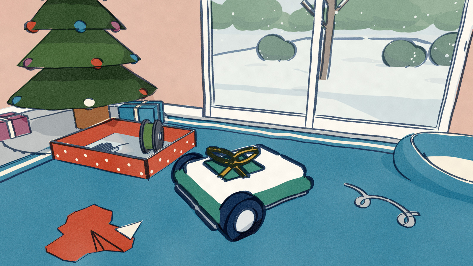 A robot mower sits in its opened gift box beside a Christmas tree, its boundary wire still bagged, facing a glass door onto a lawn deep in snow.