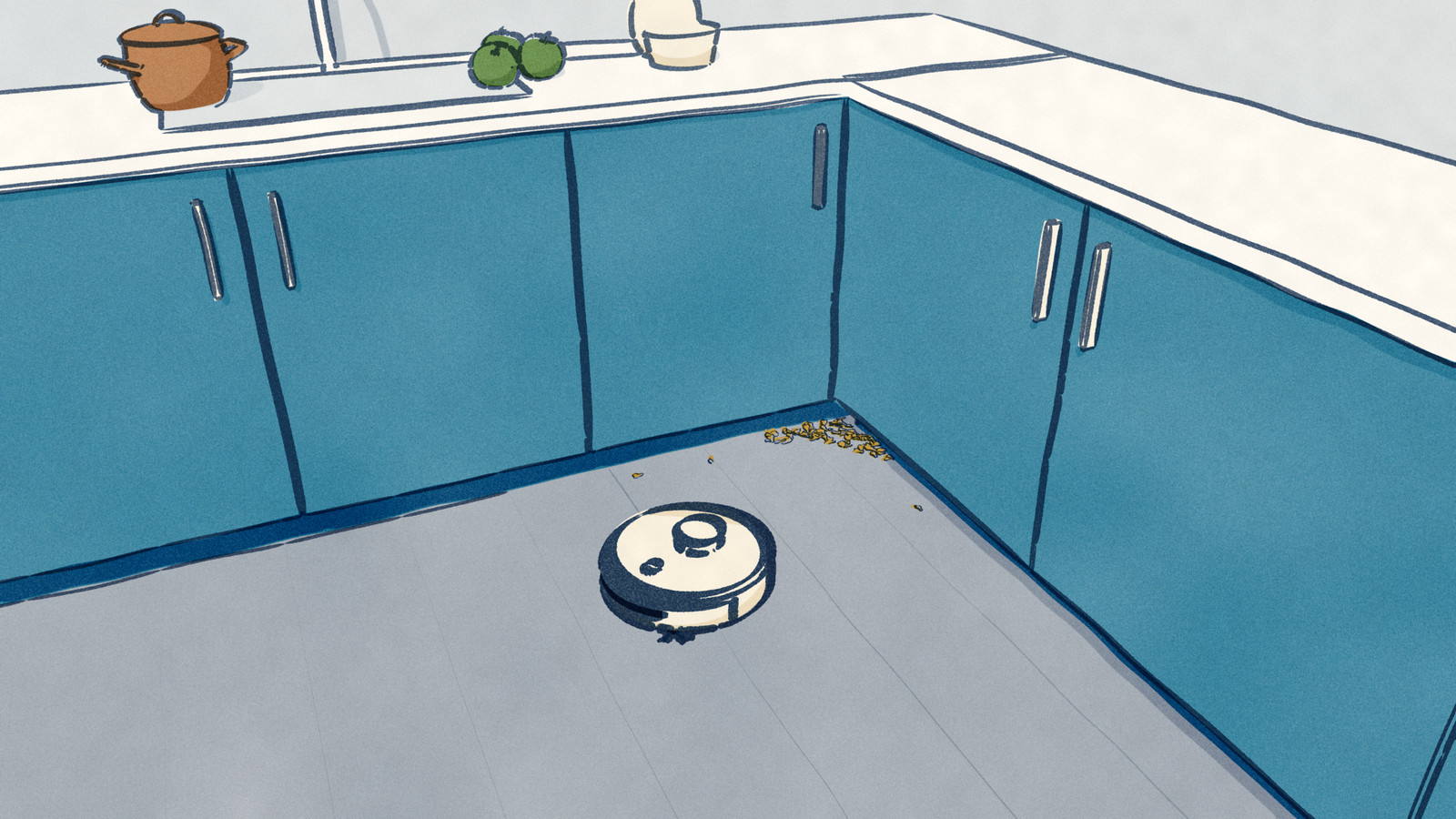 The inside corner of a kitchen where two runs of cabinets meet: the floor is clean except for a small drift of cereal flakes in the corner itself, where a round robot vacuum could not reach, and the robot is heading off across the floor.