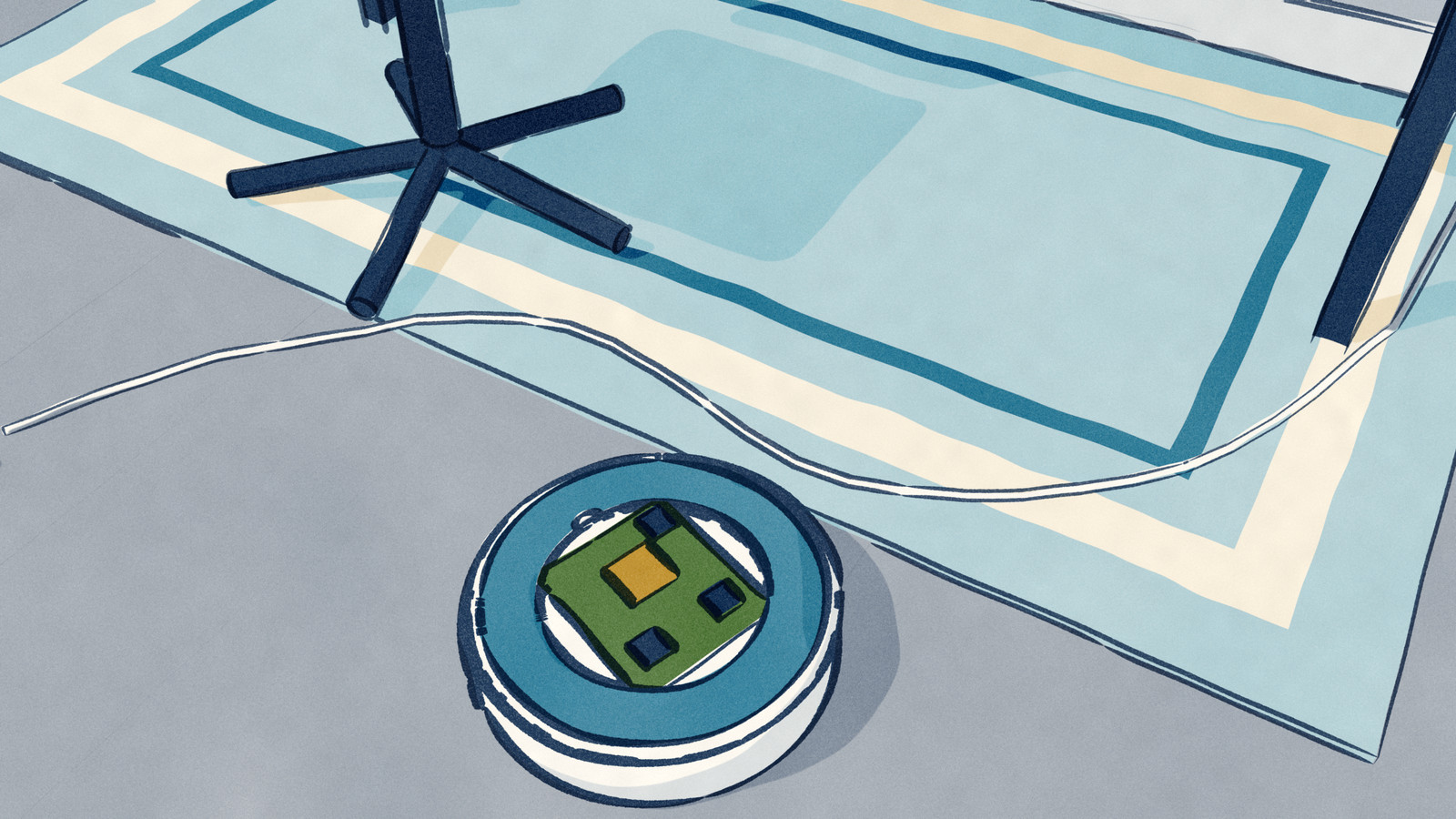 A robot vacuum drawn with its lid cut away curves round a laptop charger cable on a home office floor; on the board inside, the chip that made the call sits on the robot itself.