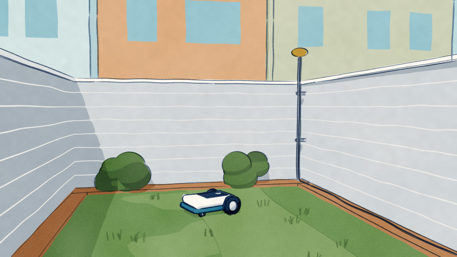A small walled back garden between terraced houses: a robot mower on a lawn you could cross in six steps, and at the corner, on a tall pole, the RTK base station reaching for open sky.