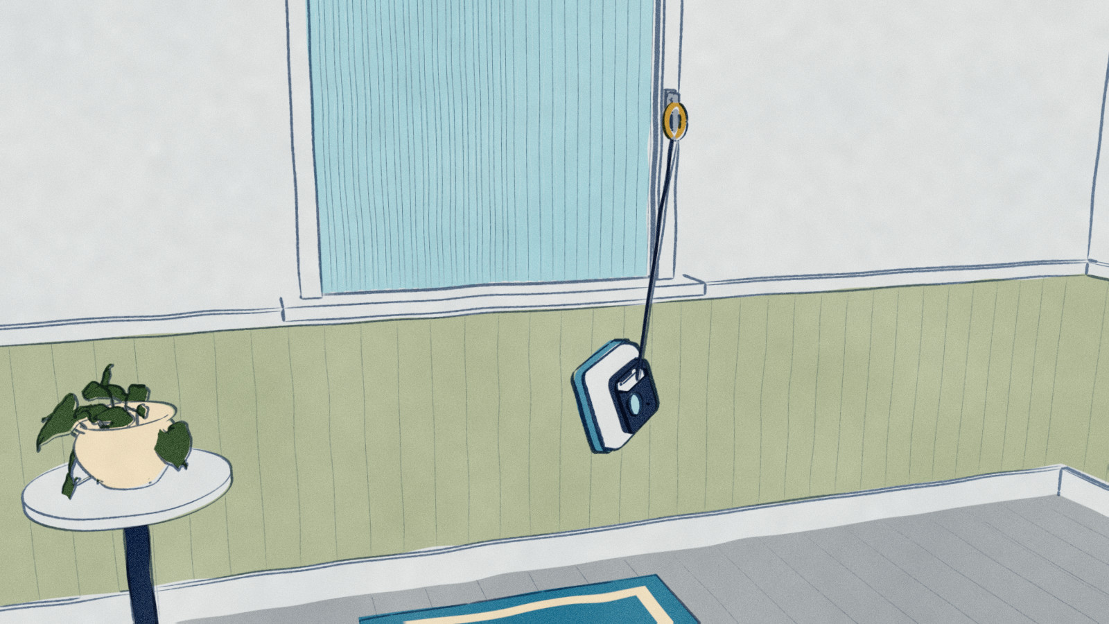 A window-cleaning robot has come off a pane of reeded glass and hangs below the sill on its safety rope, the rope clipped to the window handle.