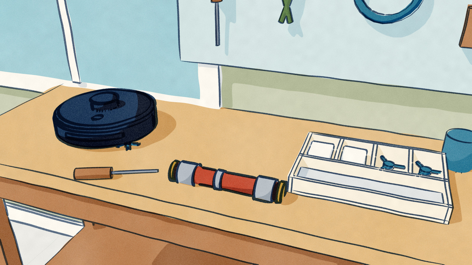 A discontinued robot vacuum sits on a garage workbench; its worn brush roll lies beside a parts tray whose brush-roll compartment is empty.
