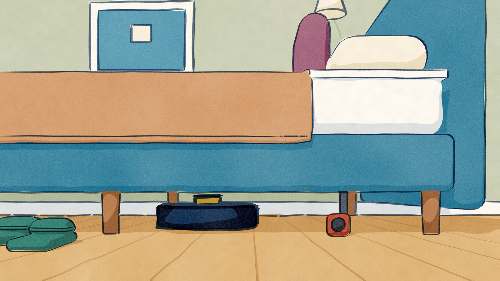 Seen from the floor, a robot vacuum drives in under the side rail of a bed on legs, its sensor turret clearing the rail by a sliver, while a tape measure hooked on the rail beside a leg shows the gap was measured.