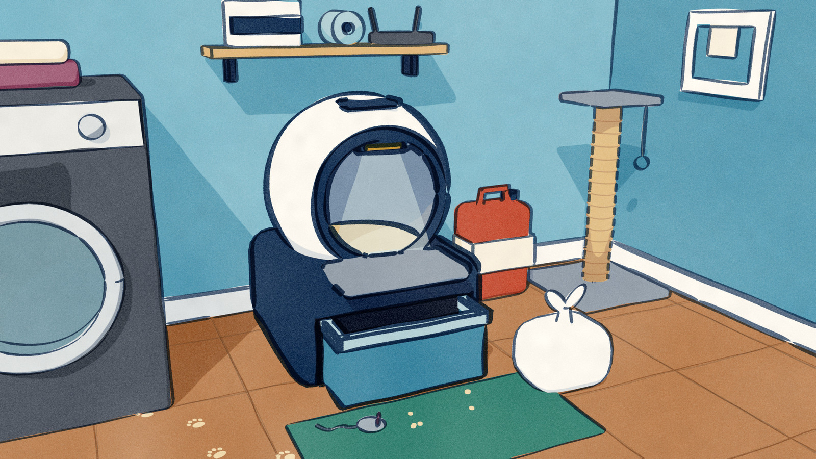 A self-cleaning globe litter box in a laundry-room corner with its waste drawer pulled out and the full bag knotted inside, a faint curtain of light dropping across its entry from a sensor at the top of the opening, and a toy mouse on the mat in front.