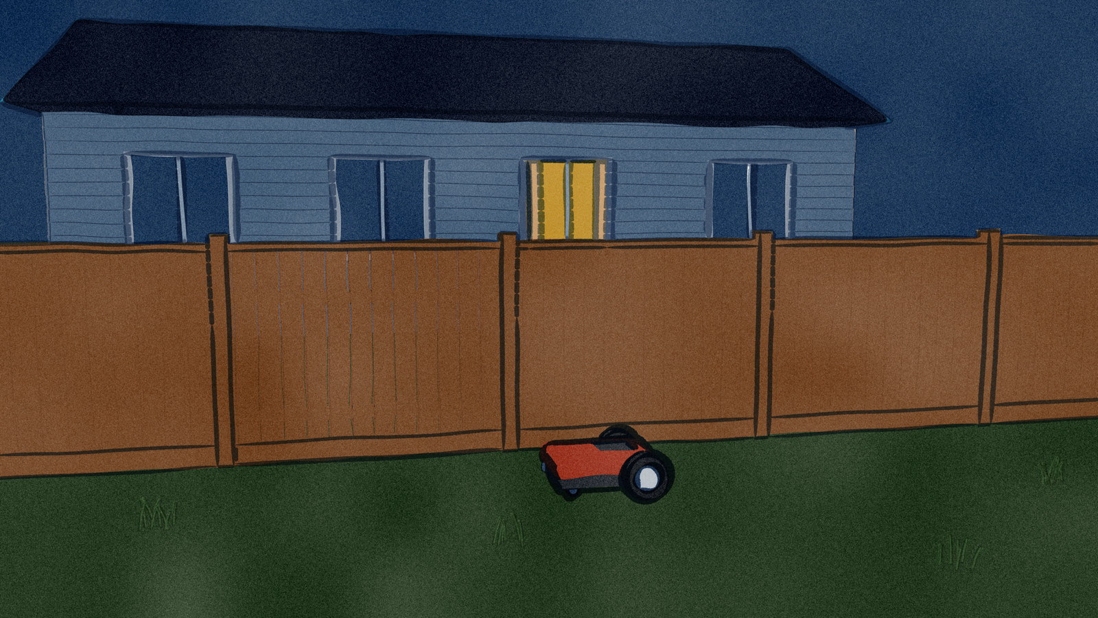 At night a robot mower works along the board fence between two back gardens, its headlight on; next door one bedroom window is lit.