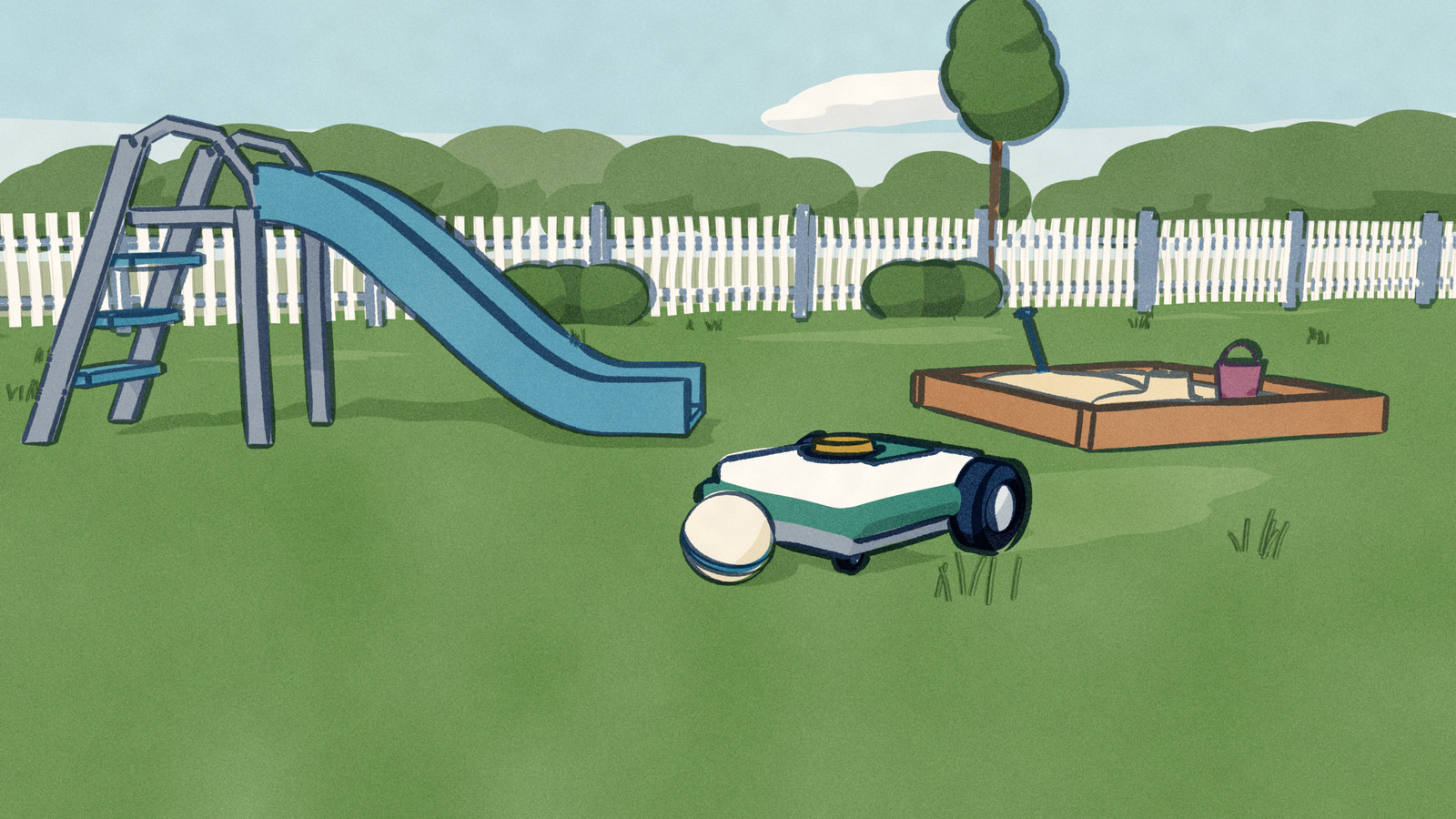 A family garden inside a white picket fence: a ball lies in the grass by a child's slide and sandpit, and a robot mower has stopped a hand short of it, the big stop button on its lid.