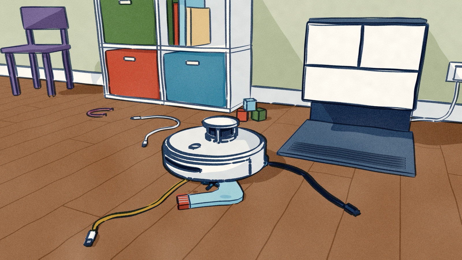 A white robot vacuum has stopped on a wooden floor in a child's corner of an apartment with a USB cable pulled in under its front bumper, another cable dragged along behind it and a small sock caught under its side, while its wash dock stands empty by the wall.