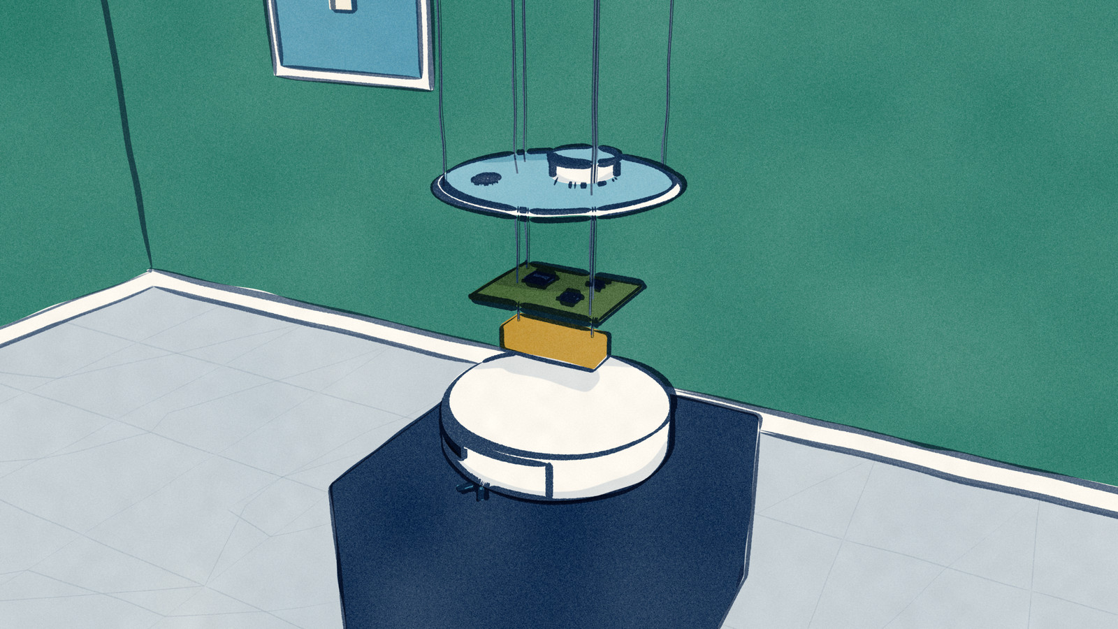 House art for Robovations deep dives: a robot vacuum shown as an exploded exhibit on a gallery plinth, its board, battery, lid and turret hung above the chassis on fine wires.