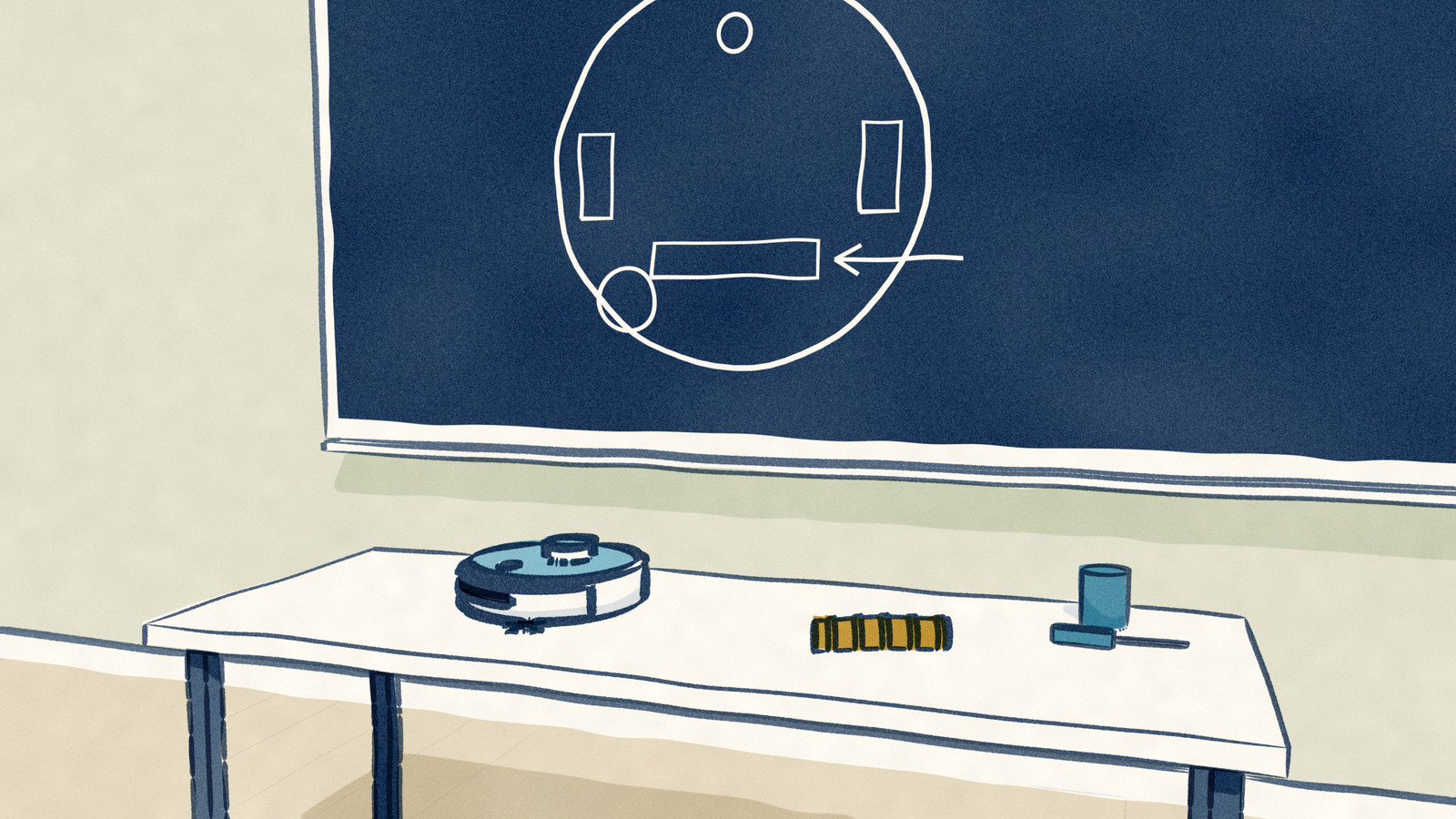 House art for Robovations explainers: a robot vacuum on a table in front of a board with a line diagram of its underside, its brush roll laid out beside it.