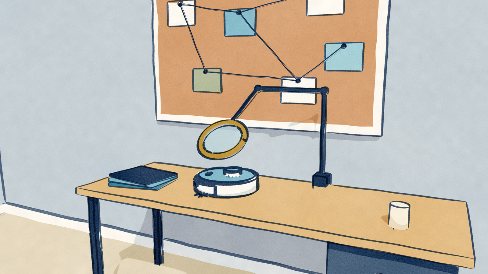House art for Robovations investigations: a robot vacuum on a desk under a magnifier lamp, case folders beside it and a corkboard of cards joined by string on the wall.
