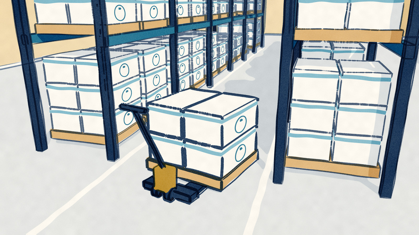 House art for Robovations market pieces: a warehouse aisle between racks of boxed robots, a pallet truck carrying a load out in the foreground.