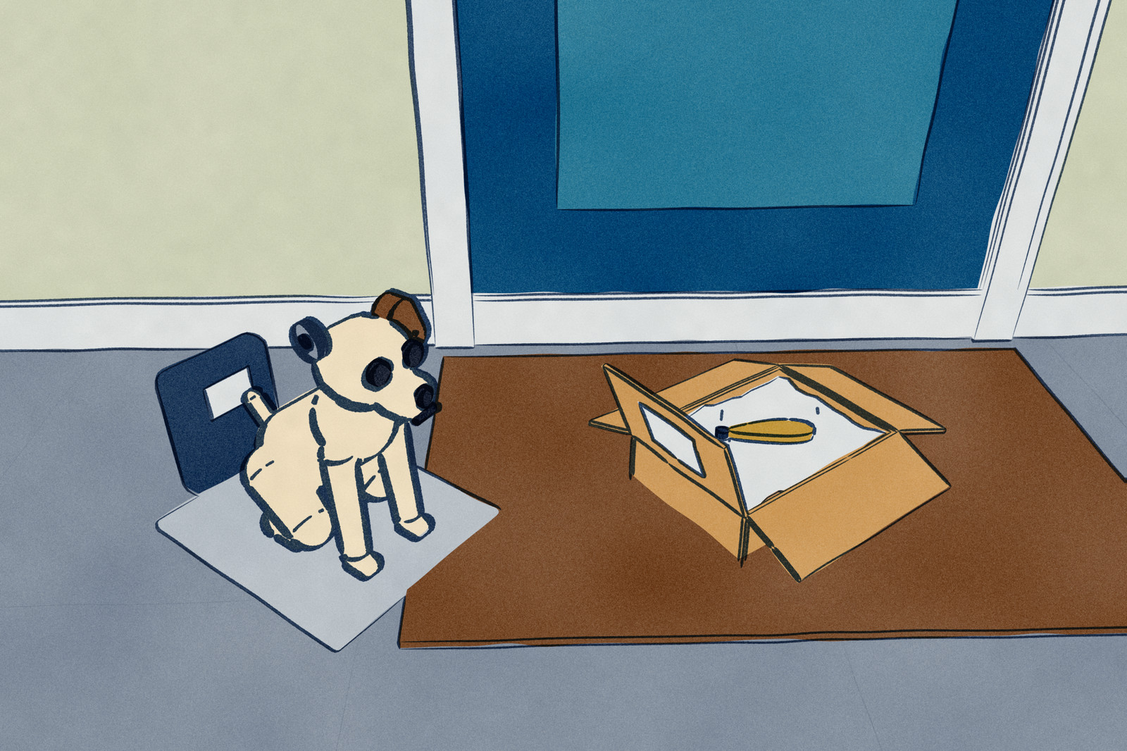 In a bright front hallway, a small parcel lies opened on the door mat with a replacement ear on its packing paper. Beside it an aibo robot dog sits on its charging station with one ear on and the other ear mount empty.