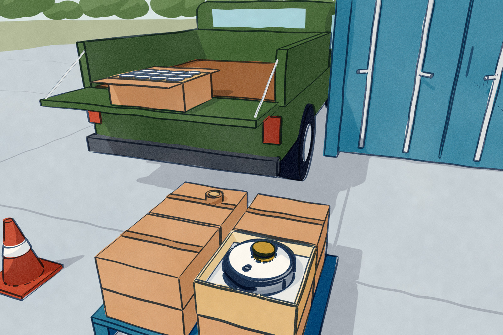 In a factory yard, a pickup with its tailgate down carries an open carton of LiDAR sensors. In front, finished robot vacuums sit boxed on a pallet, one open with the robot and its sensor showing, beside a shut shipping container.