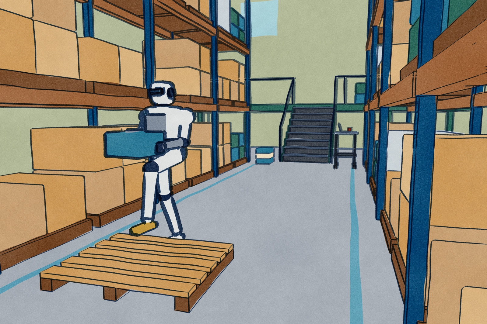 A white legged humanoid carrying a tote lifts one foot over an empty wooden pallet lying in a long, flat warehouse aisle between two racking runs; at the far end of the aisle a stair climbs to a mezzanine.
