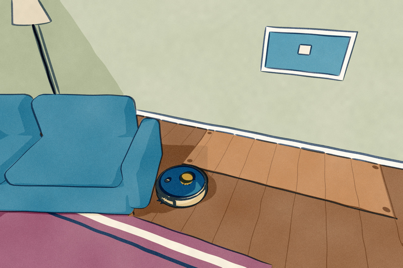 A living room where the sofa has been slid off the back wall onto the rug. The paler floor where it stood, with the dents of its feet, shows under a framed print, and a robot vacuum has stopped against the moved sofa, its laser scanner turret on top.