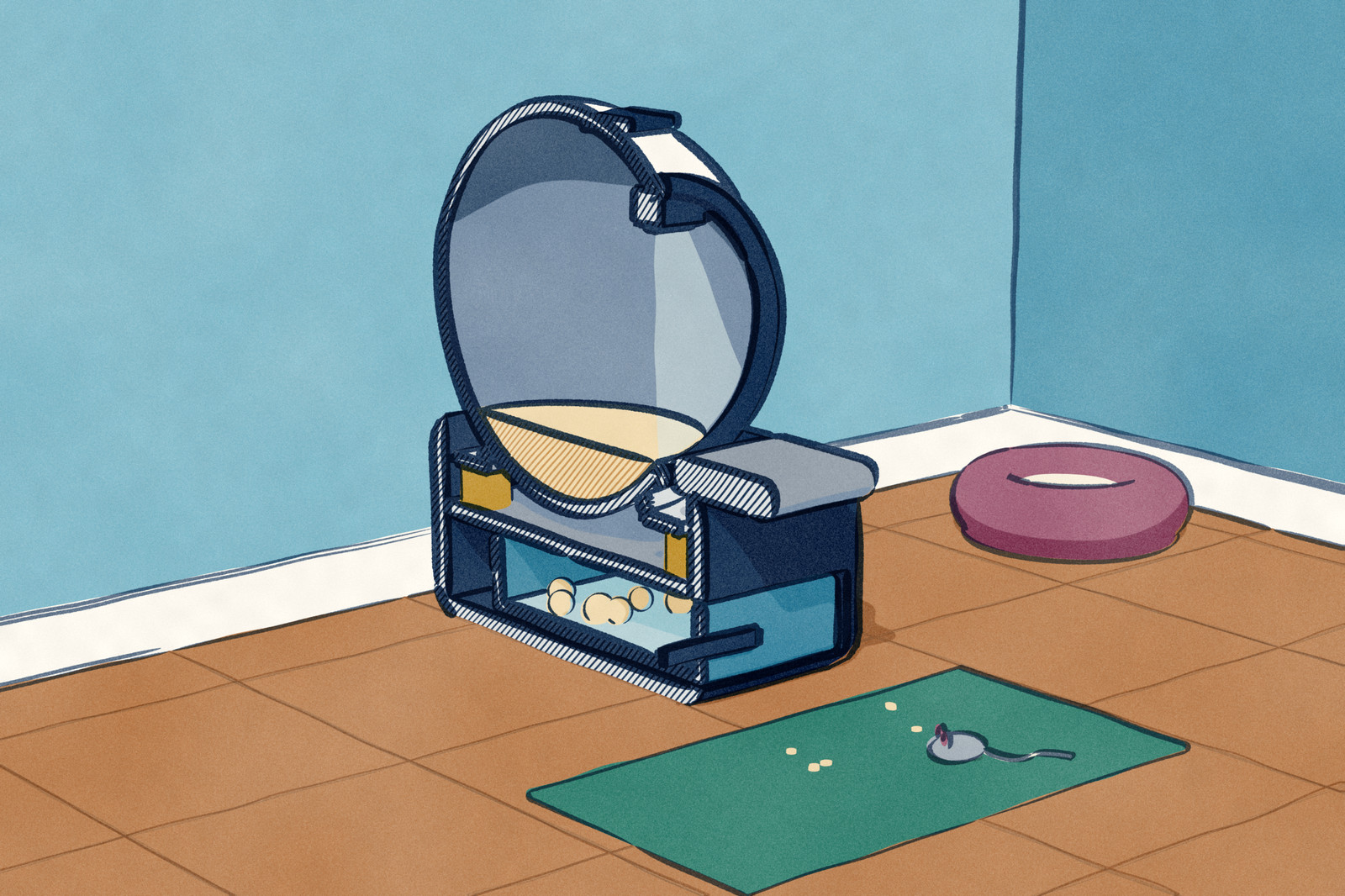 A globe-shaped automatic litter box drawn in section down its middle. The chamber, half full of litter, rests on a cradle held up by load cells on the base's deck, and a faint infrared beam drops across the entry from a sensor at the top of the opening. A toy mouse lies on the mat in front.