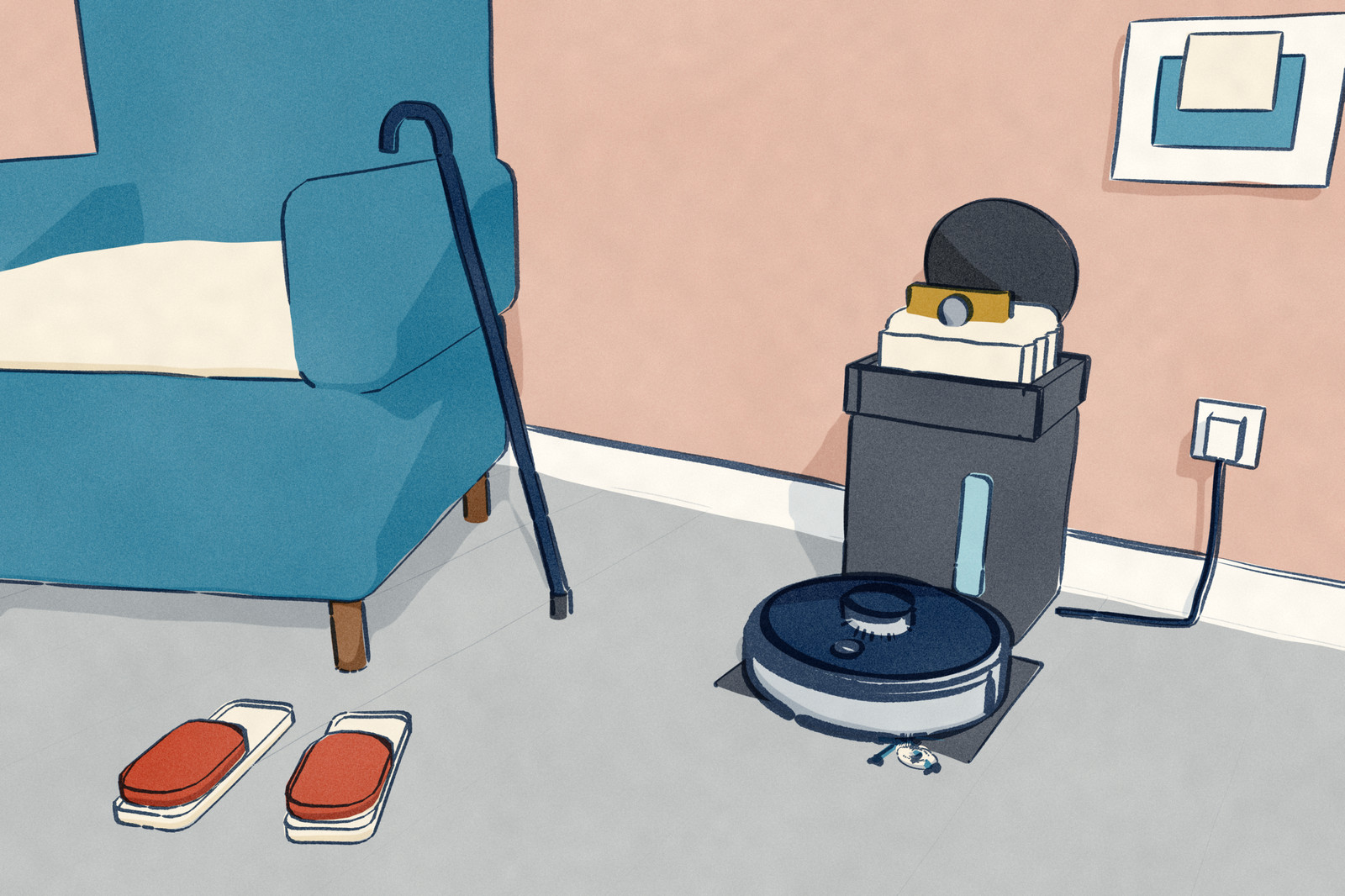 In a sitting room, a walking cane leans on the arm of an armchair with slippers in front of it. A few steps away a robot vacuum sits parked on a low self-emptying base plugged into a power outlet; the base lid stands open over a full dust bag, and hair is wound round the robot's side brush.