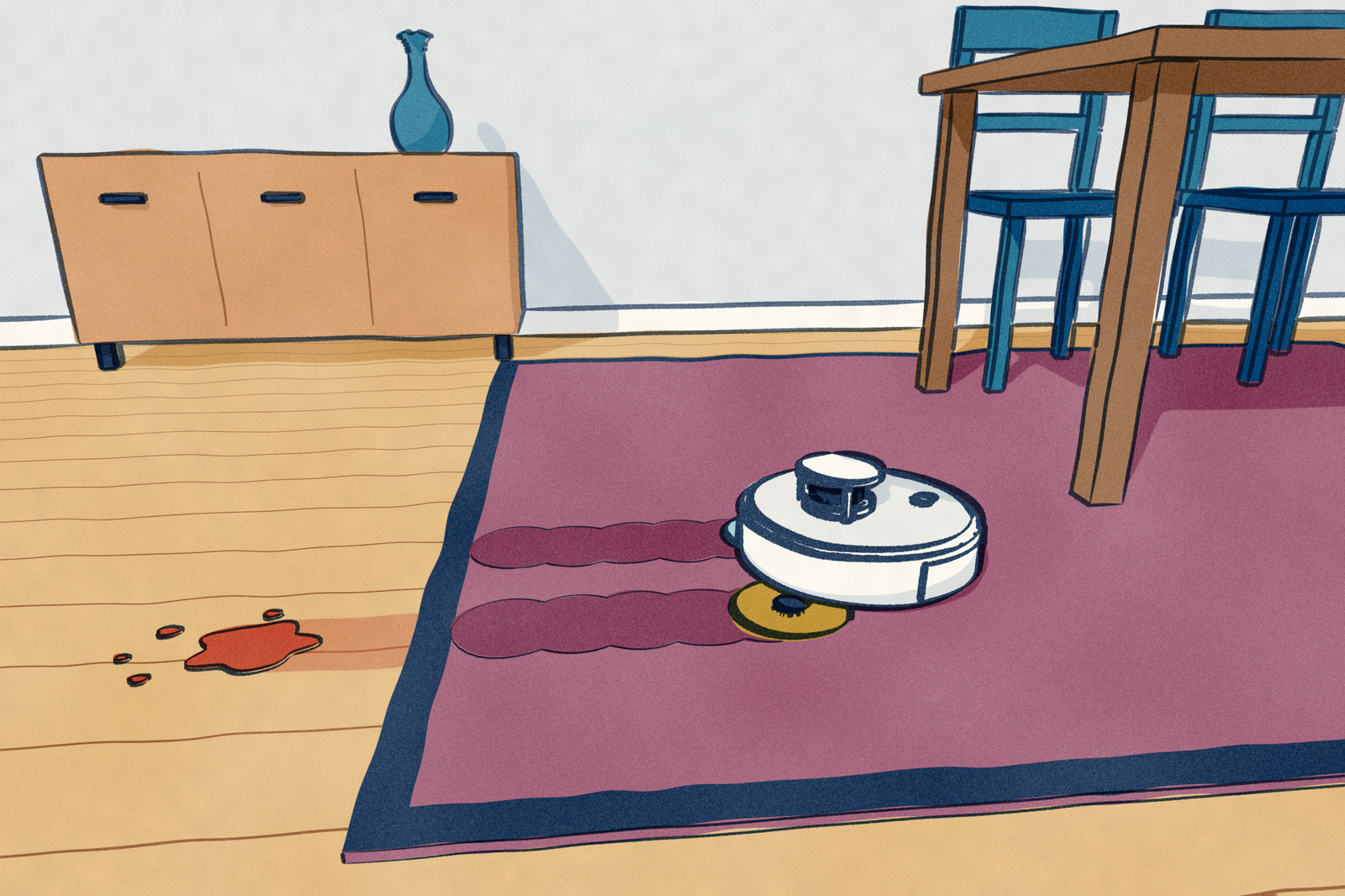 A white robot vacuum with a raised LiDAR cage has driven off an oak floor onto a plum dining-room rug beside a table, leaving a damp track of its two round rotating mop pads across the rug. Behind it on the oak is a patch of ketchup with a thin red smear where one mopping pass went through it.
