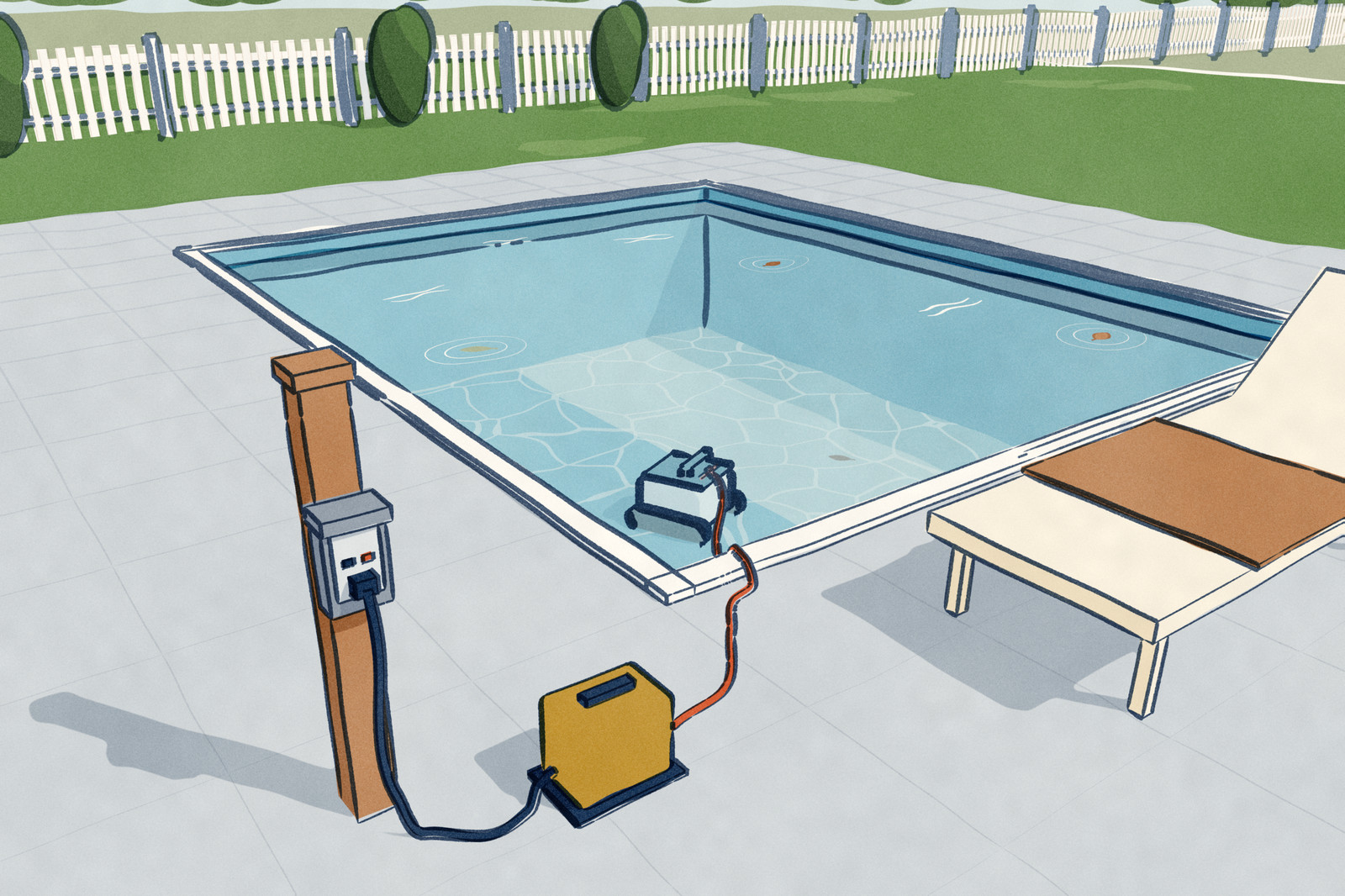 A pool deck in the afternoon: a GFCI outlet on a garden post feeds a transformer set back on the deck, and one low-voltage cable runs from it over the coping down to a pool robot working on the pool floor.