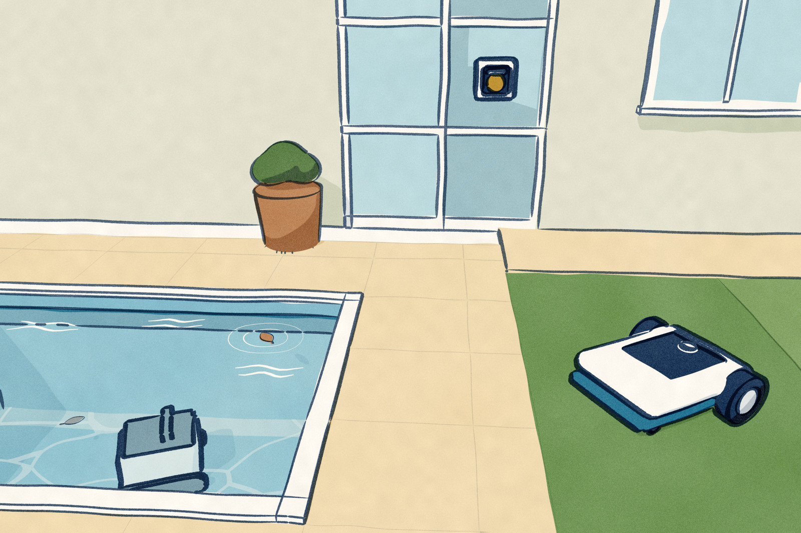 The back of a house on a sunny day: a window cleaner works on the glass of the patio door, a pool robot crawls the pool floor, and a robot mower cuts the lawn beside the deck.