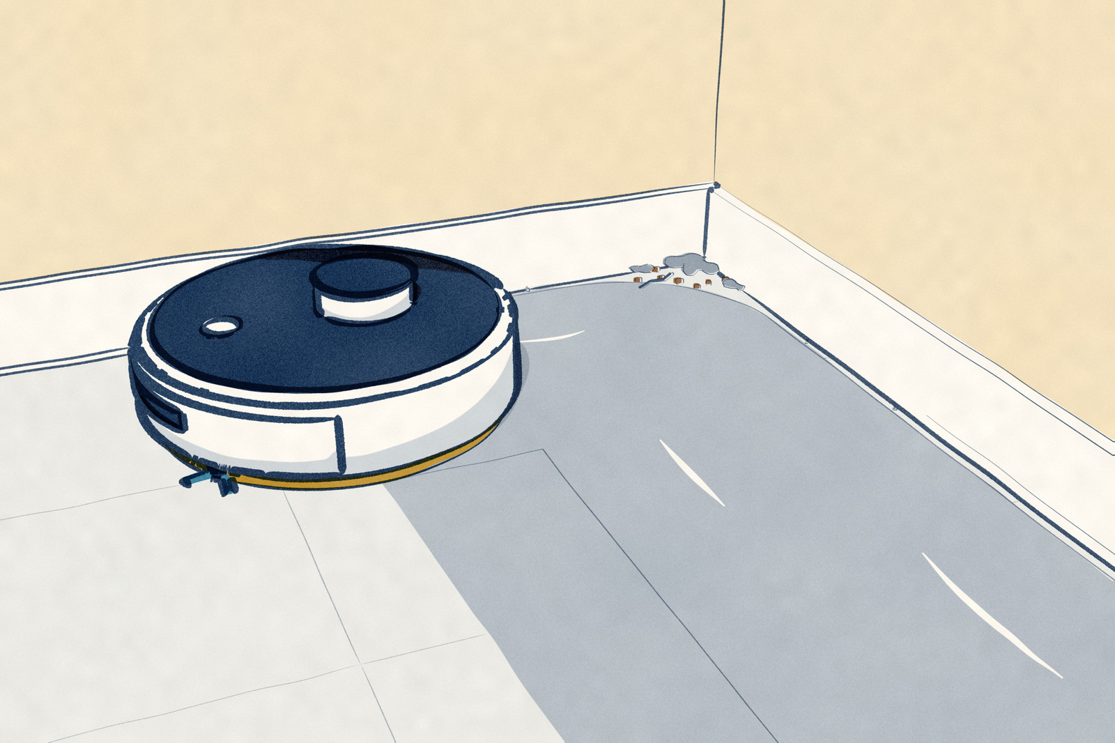 A robot vacuum-mop drives away from a bathroom corner along the baseboard, its round central mop pad showing under its body. The wet swath it laid curves short of the corner, leaving a dry crescent of floor with dust in it.