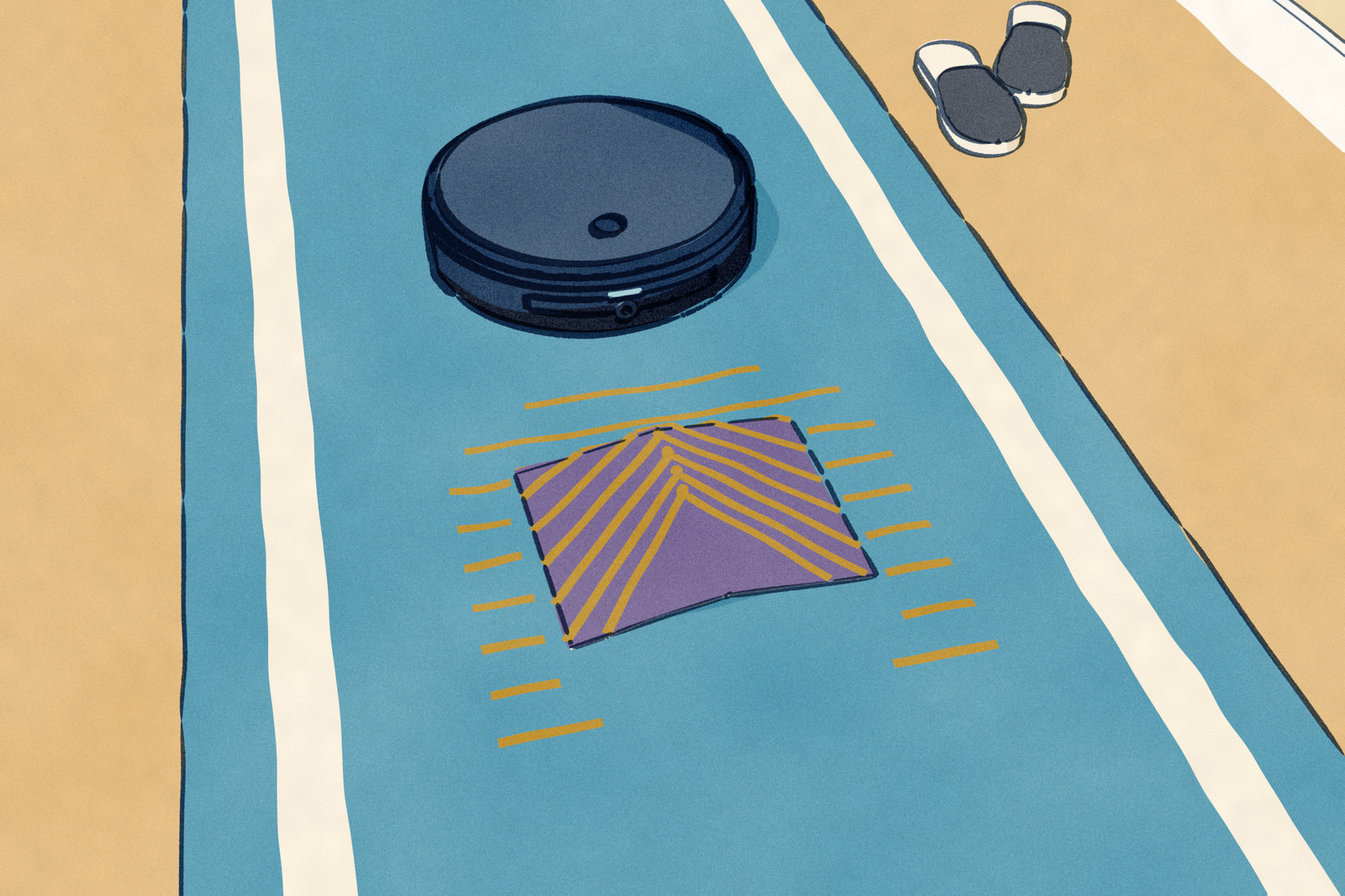 The S8 MaxV Ultra, a round navy robot vacuum, on a hallway runner, heading for a paperback left open face down. Lines of structured light from its bumper, just over its camera, cross the floor ahead and bend into peaks over the book.