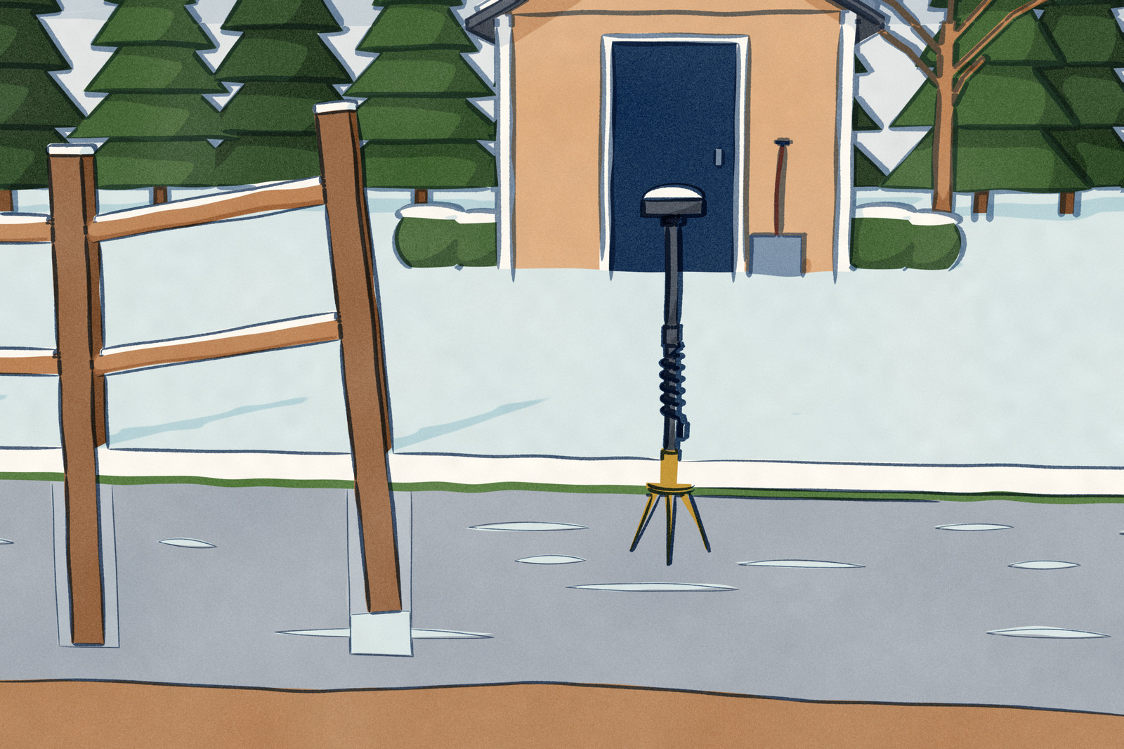 A snowy garden drawn in section, the mower shut away in the shed. Ice lenses lie in the frozen soil; a fence post has been lifted out of its hole and tilted, ice under its foot, and beside it the reference station stands on two poles in a trident ground stake set in the same frozen soil.