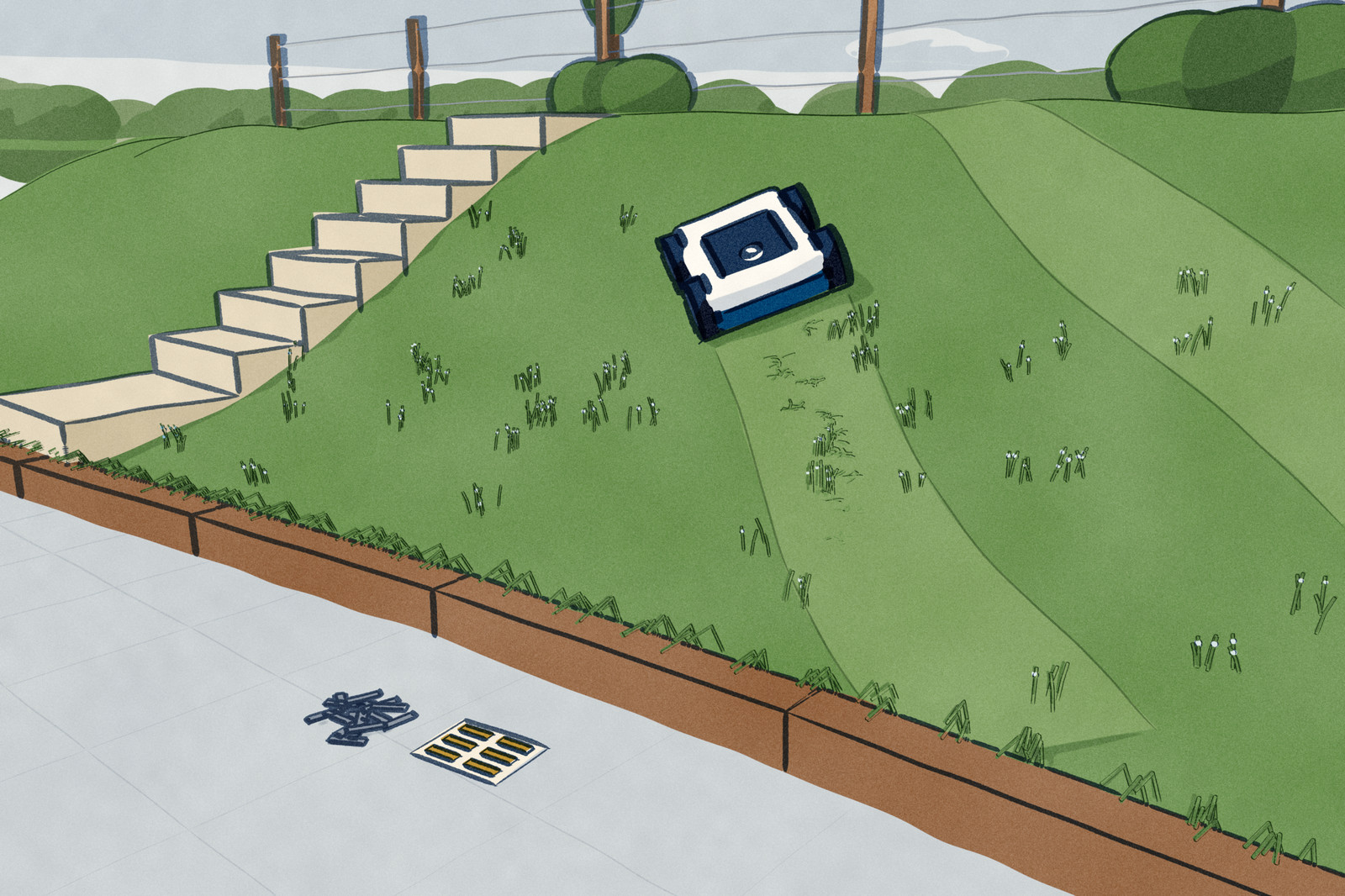 An all-wheel-drive robot mower works up a steep, wet garden bank that rises in a soft curve from a low timber edge, wet clippings clumped in its cut swath and a wire fence along the top. On the patio below lie a pile of worn blades and a fresh set.