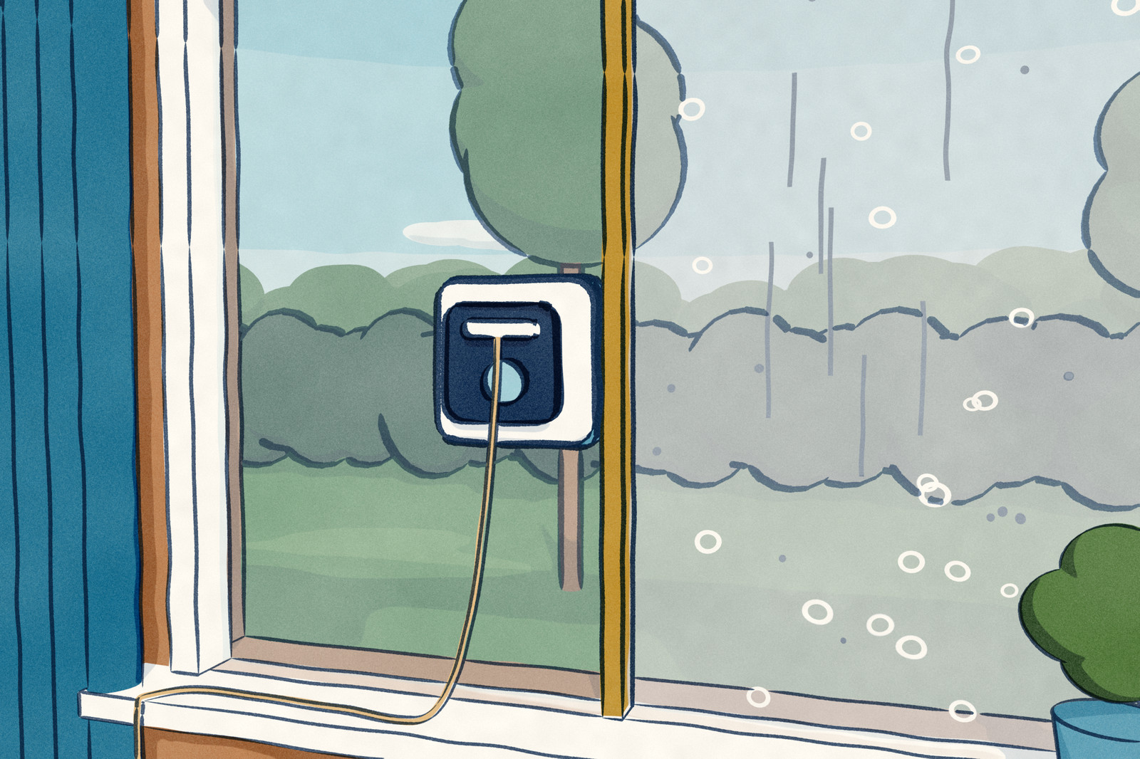 A window cleaning robot sits halted on a clean pane against the brass mullion that divides a living-room window; the adjacent pane beyond the mullion is still filmed and spotted.