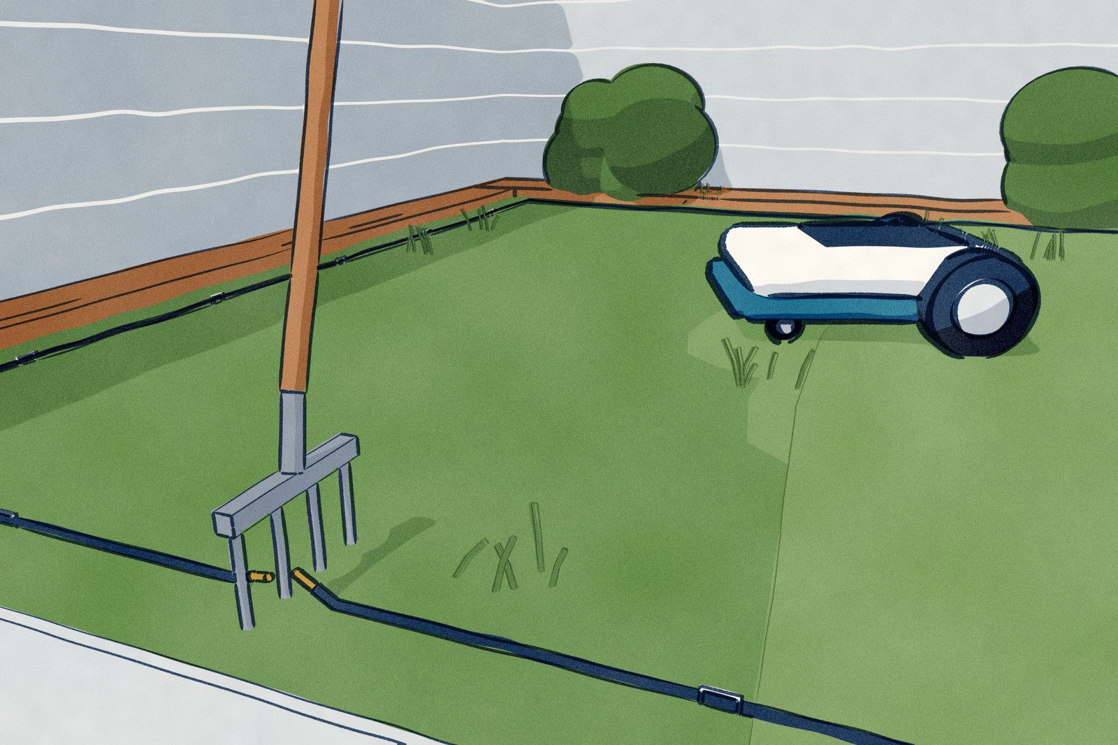A small walled garden seen low from the edge of the lawn: a garden fork stands in the turf with one tine through the pegged perimeter wire, the two cut ends showing copper, and the robot mower has stopped on the lawn behind.