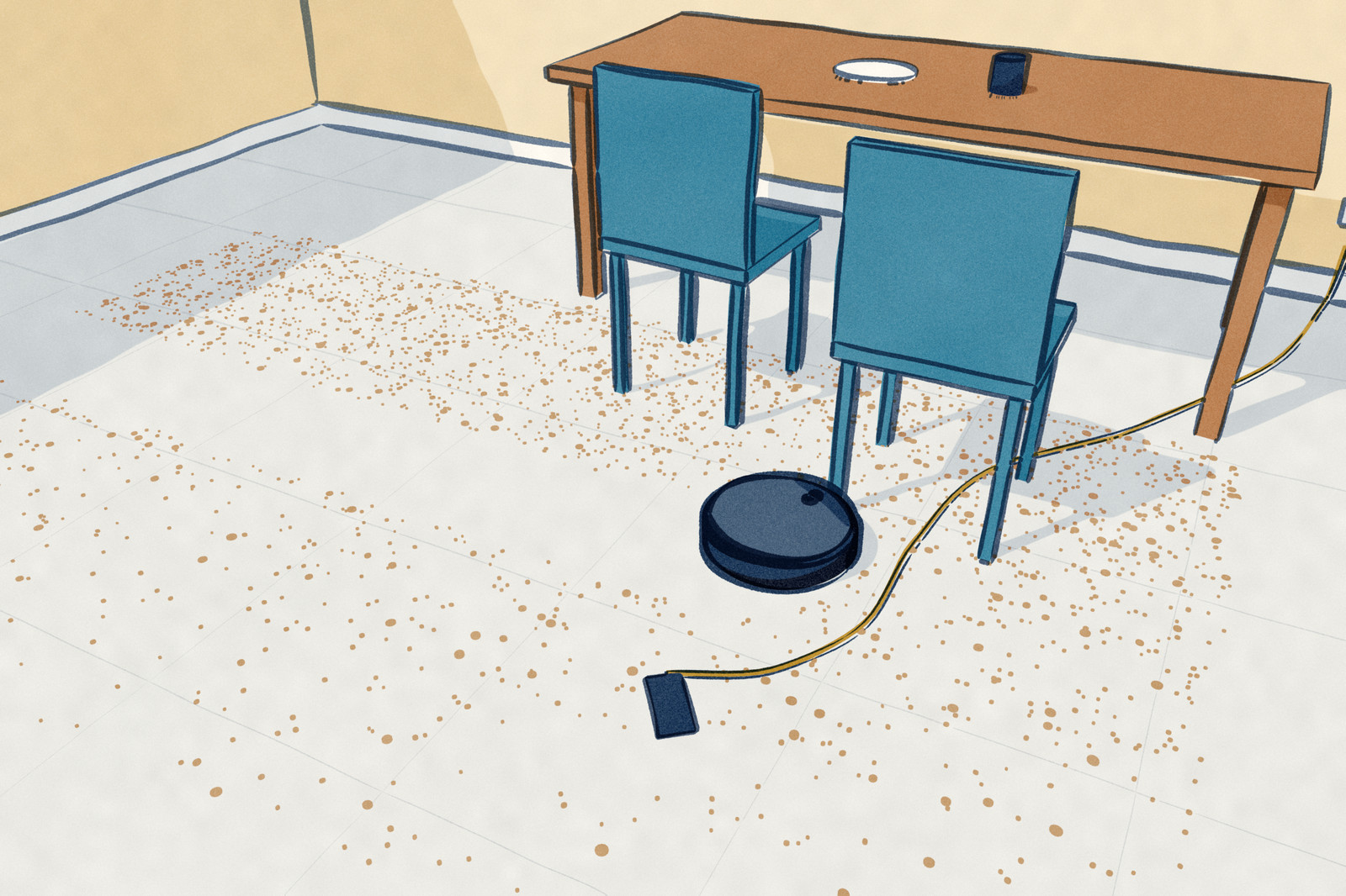 Under a dining table, a robot vacuum has cleaned a straight lane through crumbs, bent away from a phone charging cable lying across its line, and stopped with its bumper against a chair leg.