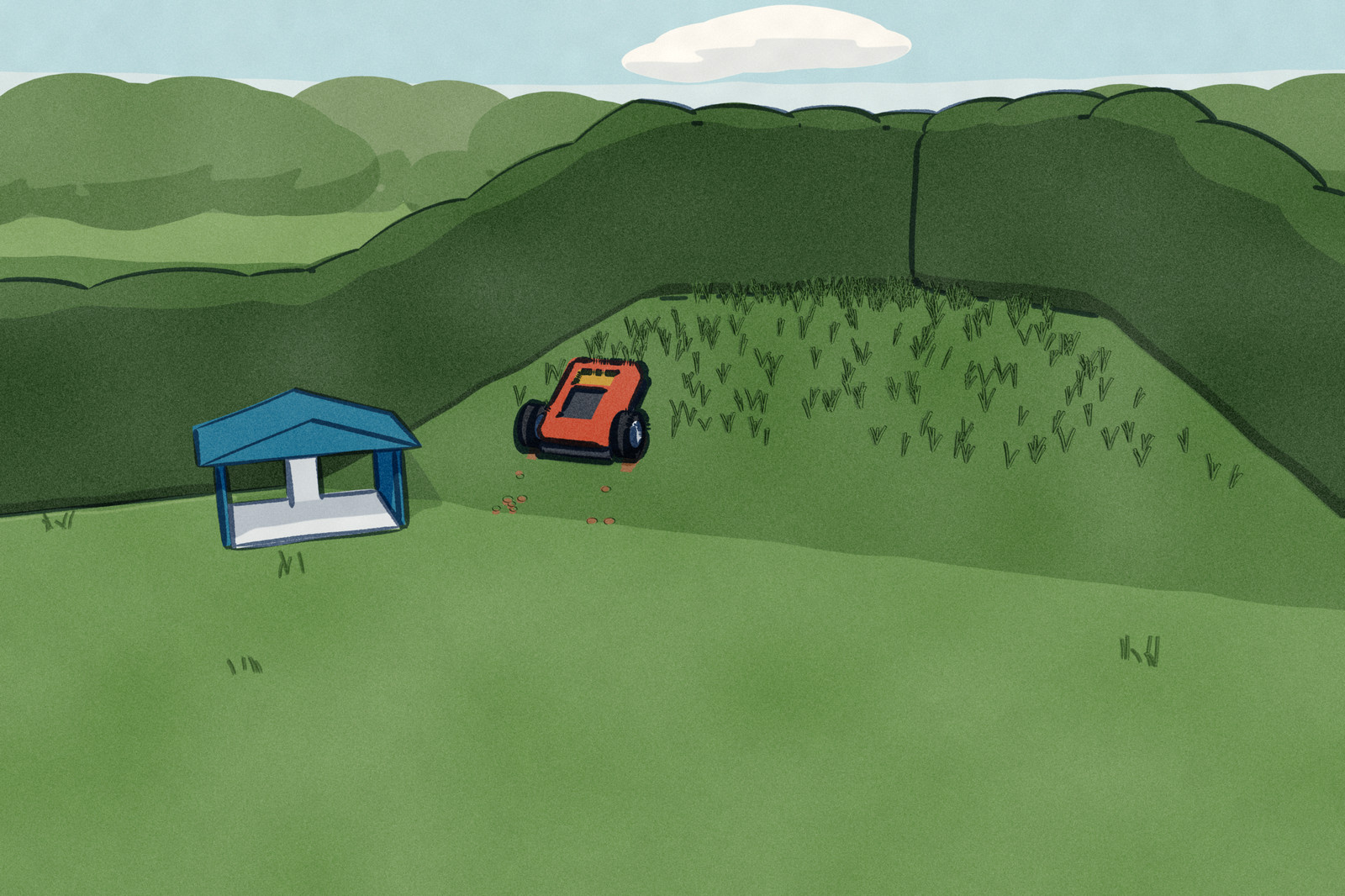 A back garden seen from above: the lawn is flat except one corner that rises steeply to the clipped hedge round it. A robot mower has stalled halfway up that corner, its wheels spun into the turf, the grass above it long.