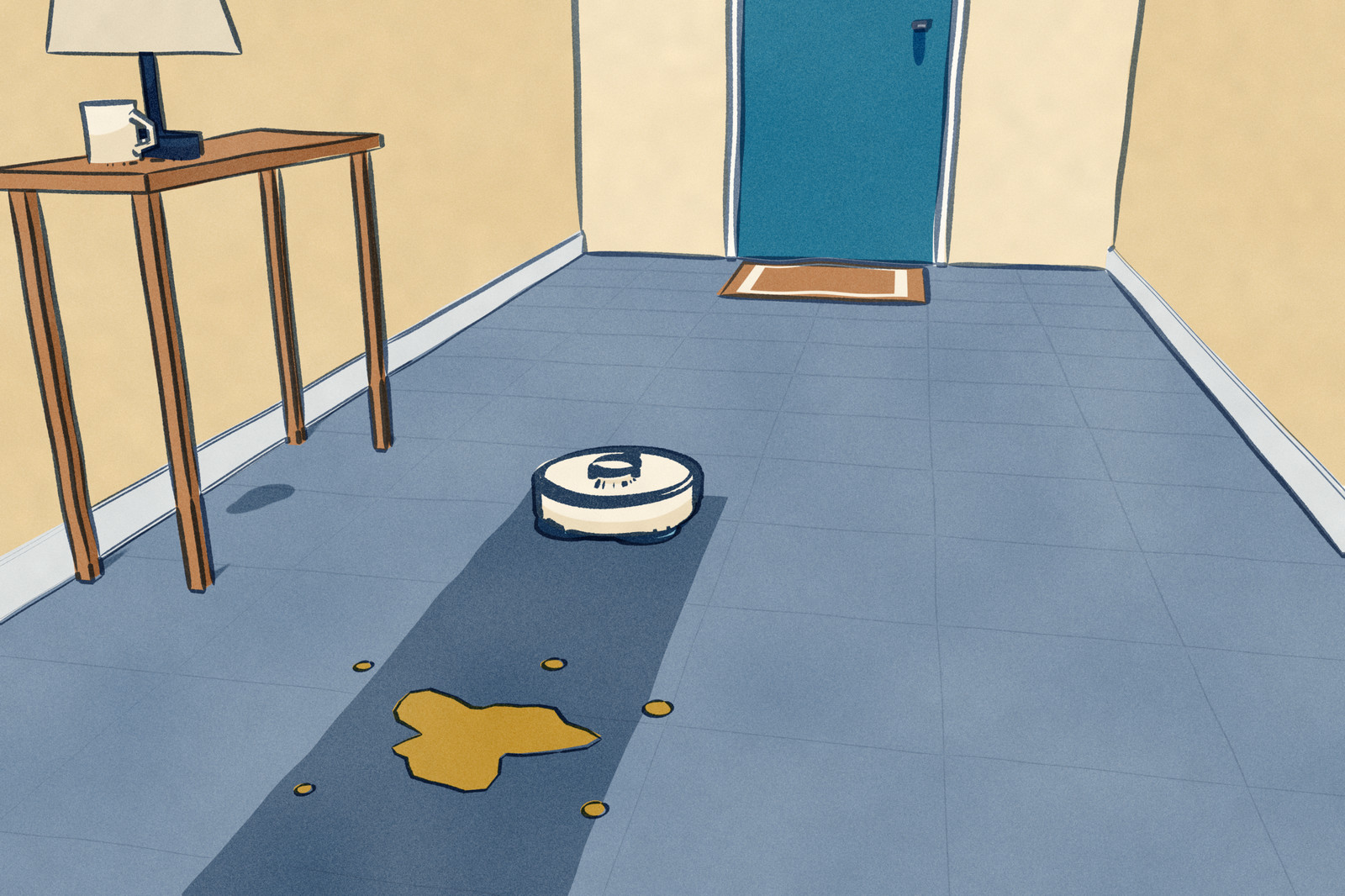 An entry hall on slate tiles: a robot vacuum-mop heads for the front door, and the damp lane it left runs straight over a dried coffee spill under the console table, which is still there.