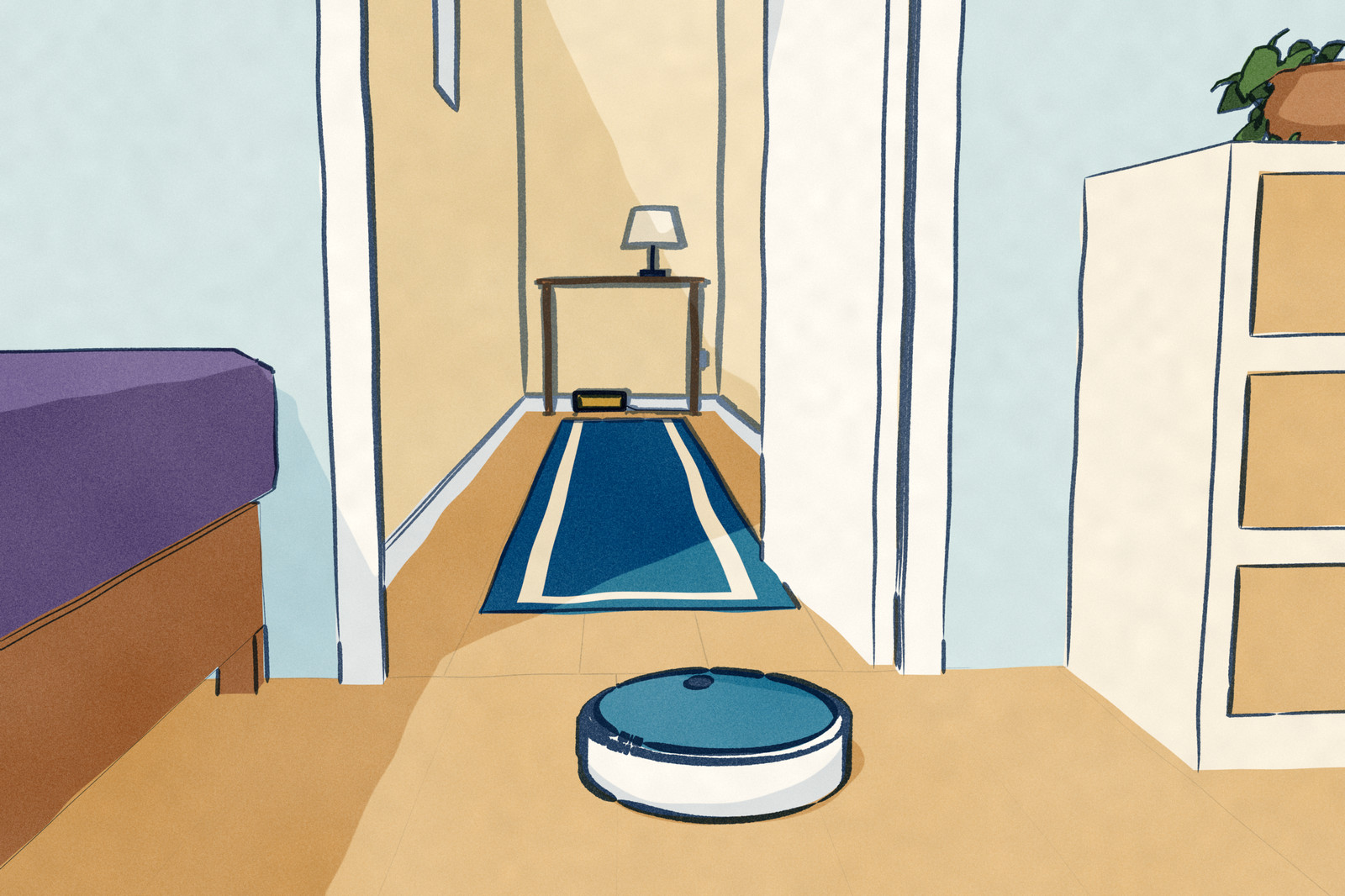 A robot vacuum has stopped on the floor of a bedroom, facing the open door. Beyond it a long hall runs to a console table at the far end, where its charger waits against the wall.