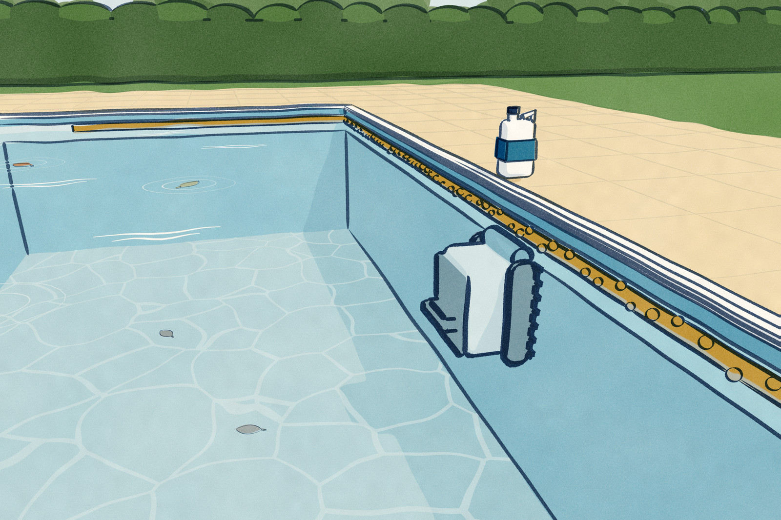 A pool seen from its near end along the side wall: a pool robot has climbed the wall and pressed its brush to the waterline, but the crusted calcium line there runs on unbroken down the length of the pool; a jug of calcium remover stands at the pool edge.