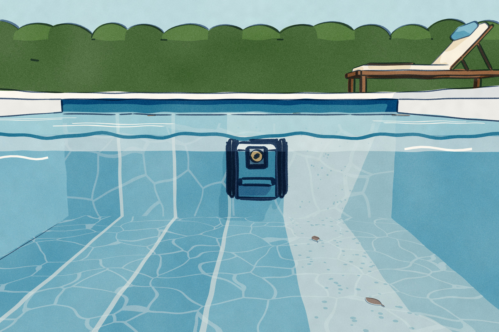 A pool cut open in section under clear water: pale silt on the floor and back wall, three clean lanes running straight across the floor and on up the wall, and the pool robot climbing the wall on the fourth, a gyroscope visible through its lid, with a clipped hedge beyond the deck.