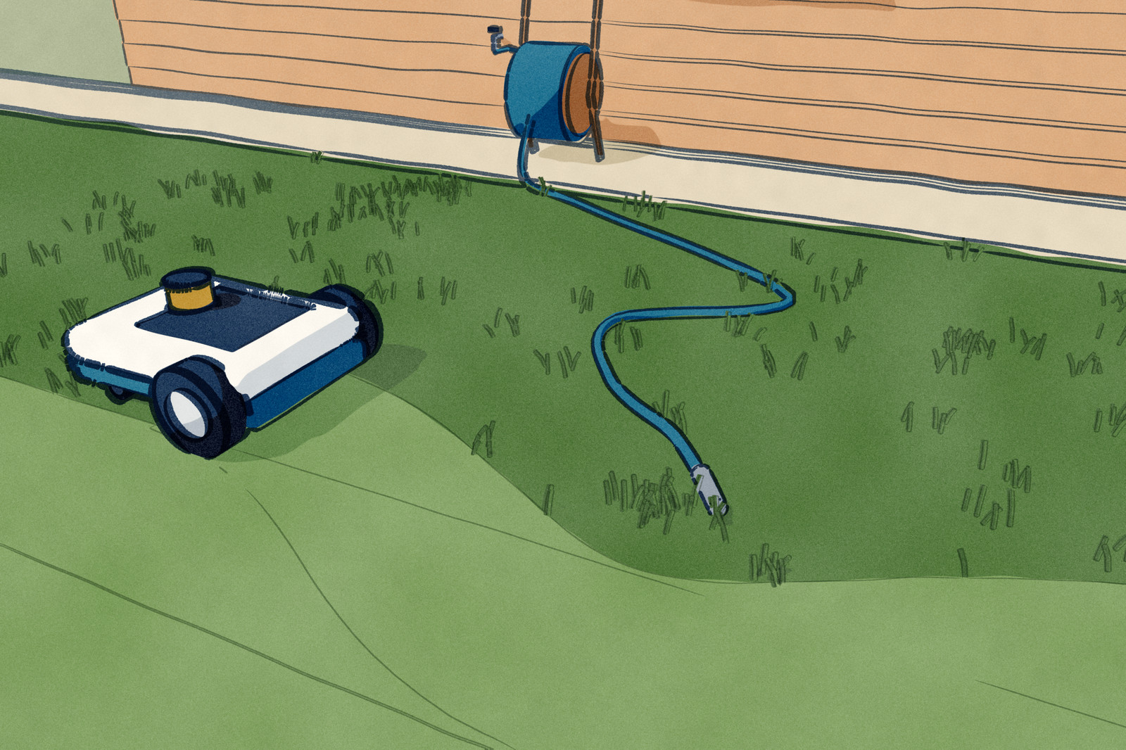 A robot mower with a LiDAR turret on its lid cuts a lane across a back lawn; a garden hose runs from its reel by the house tap out onto the grass, and the freshly mown lane bends round the end of the hose and carries on.