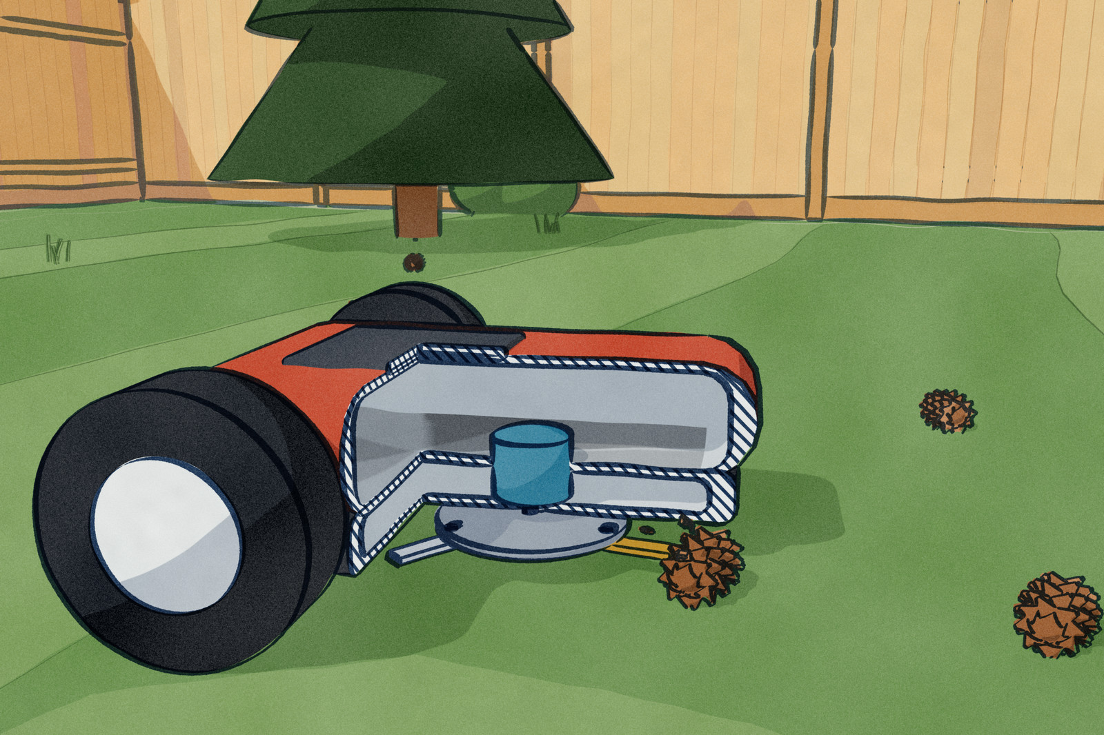 A robot mower on a lawn under a pine tree, its near front corner cut away to show the cutting disc spinning under the deck; one small pivoting blade on the disc is striking a pinecone, chips flying.