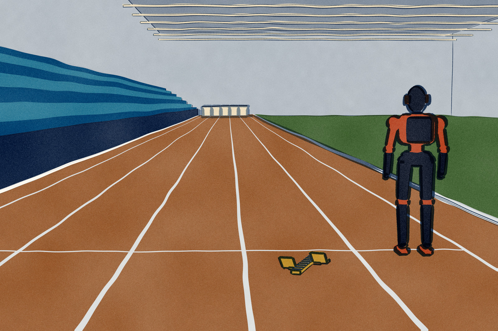 A humanoid robot stands upright at the start line of an indoor 100 metre track. Starting blocks lie unused behind the line in the empty lane beside it, and far down the straight a padded wall stands across the lanes past the finish.