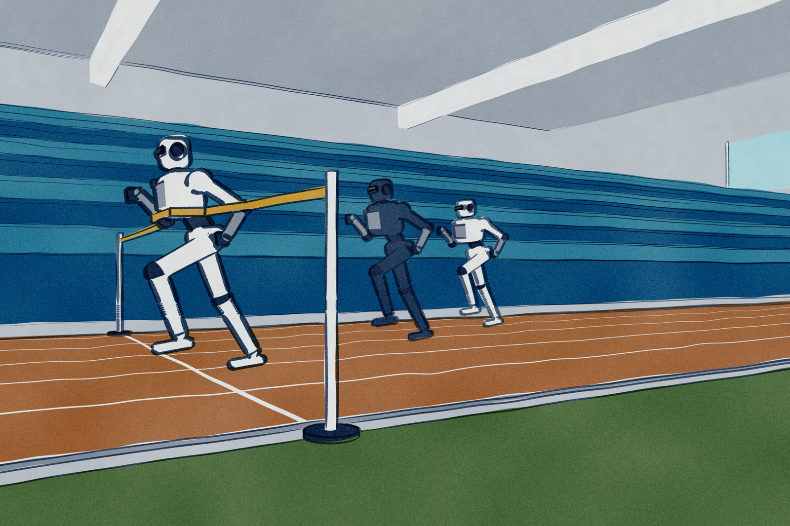 Inside an indoor arena a humanoid robot runs through the finish tape at the end of a 400-metre track, the rest of the field a few strides behind it on the home straight.