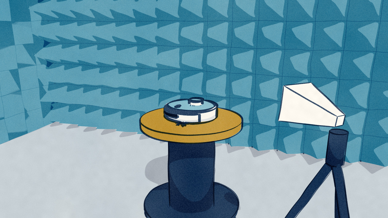 House art for Robovations regulation pieces: a robot vacuum on a turntable inside a compliance test chamber lined with foam pyramids, an antenna on a tripod aimed at it.