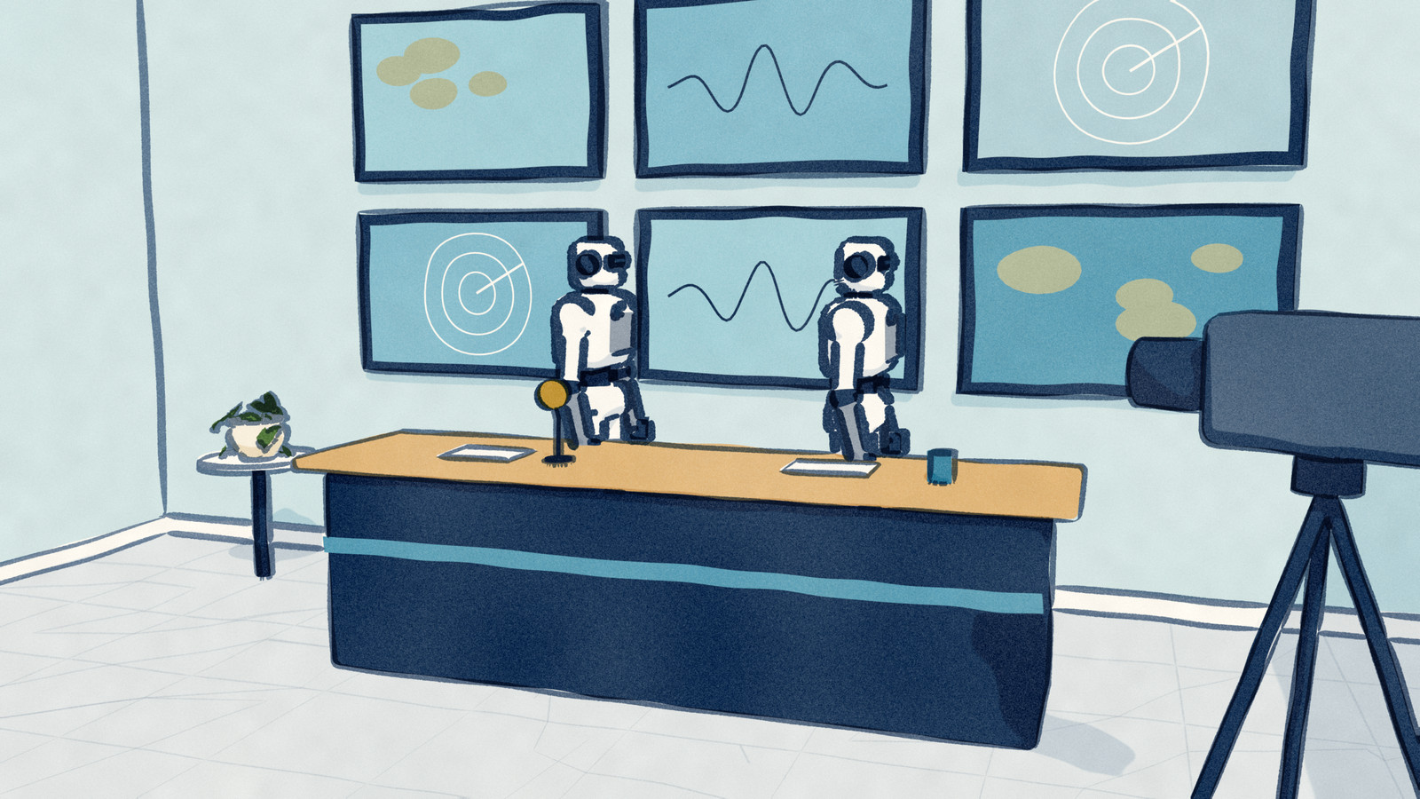 House art for Robovations dispatches: two robots stand behind a news desk in front of a wall of screens showing a radar sweep, a wave and a map.
