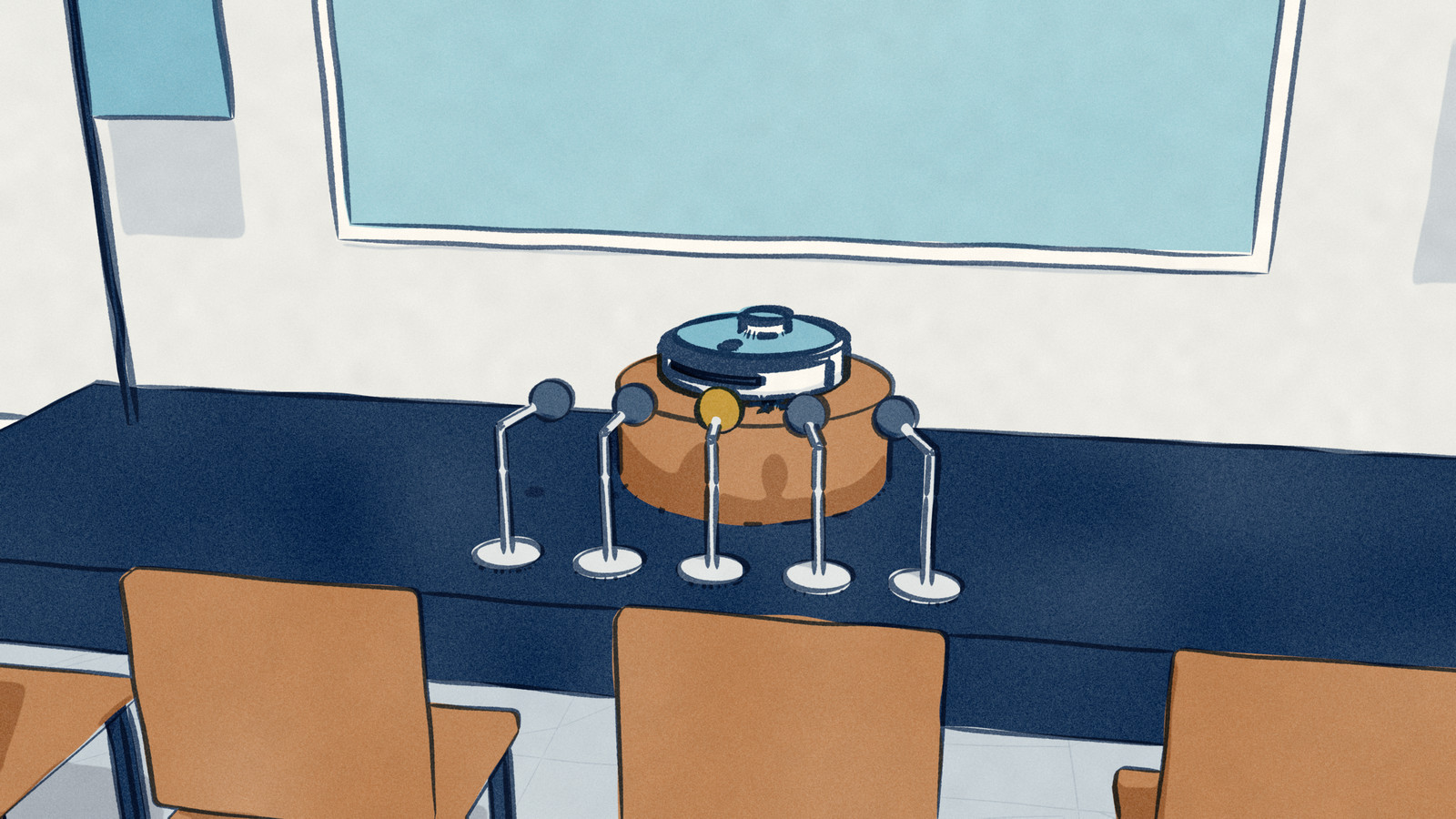 House art for Robovations dispatches: a robot vacuum on a plinth at the front of a press briefing room, a row of microphones on stands aimed at it over empty chairs.