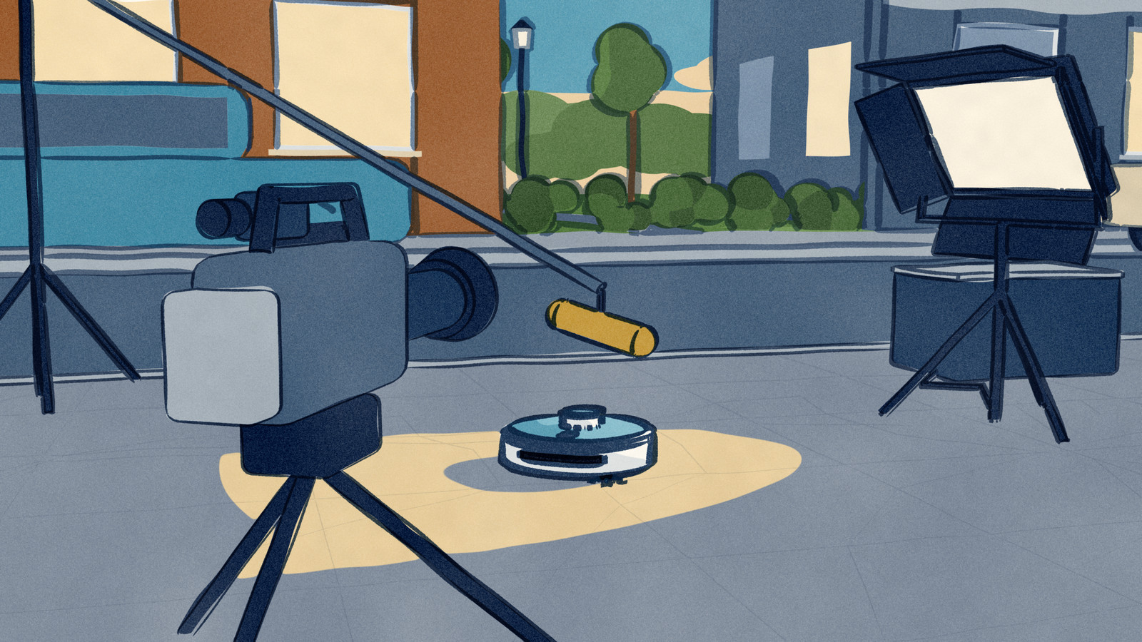 House art for Robovations dispatches: a robot vacuum on a city pavement at dusk, filmed by a TV camera on a tripod, lit by a light panel, a boom microphone reaching over it.