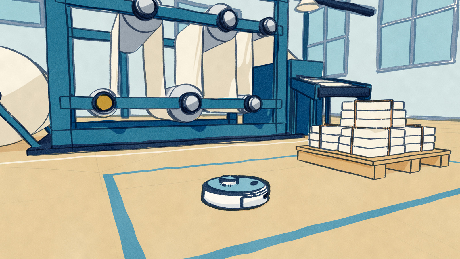 House art for Robovations dispatches: a robot vacuum on the floor of a newspaper press hall, a web of blank paper running over the press rollers into the folder, folded papers on a conveyor and tied bundles on a pallet.