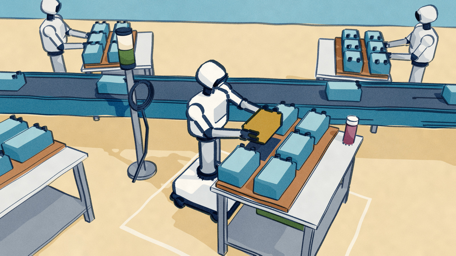 A wheeled humanoid robot on a battery production line holds one module over the single empty slot in its fixture, with a belt of identical modules behind it and more robots at the neighbouring stations.