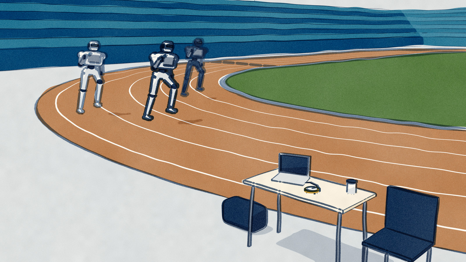 Three humanoid robots race round the bend of an indoor 400-metre track; in the foreground, on one team's folding table beside the lanes, sit a laptop, a coffee and the stopwatch.